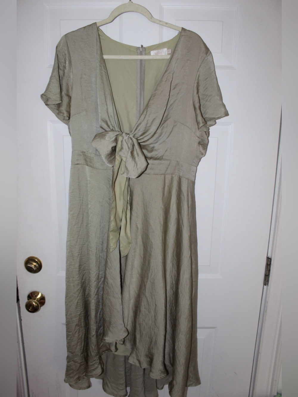 Light Olive Tie-Front V-Neck Midi Dress